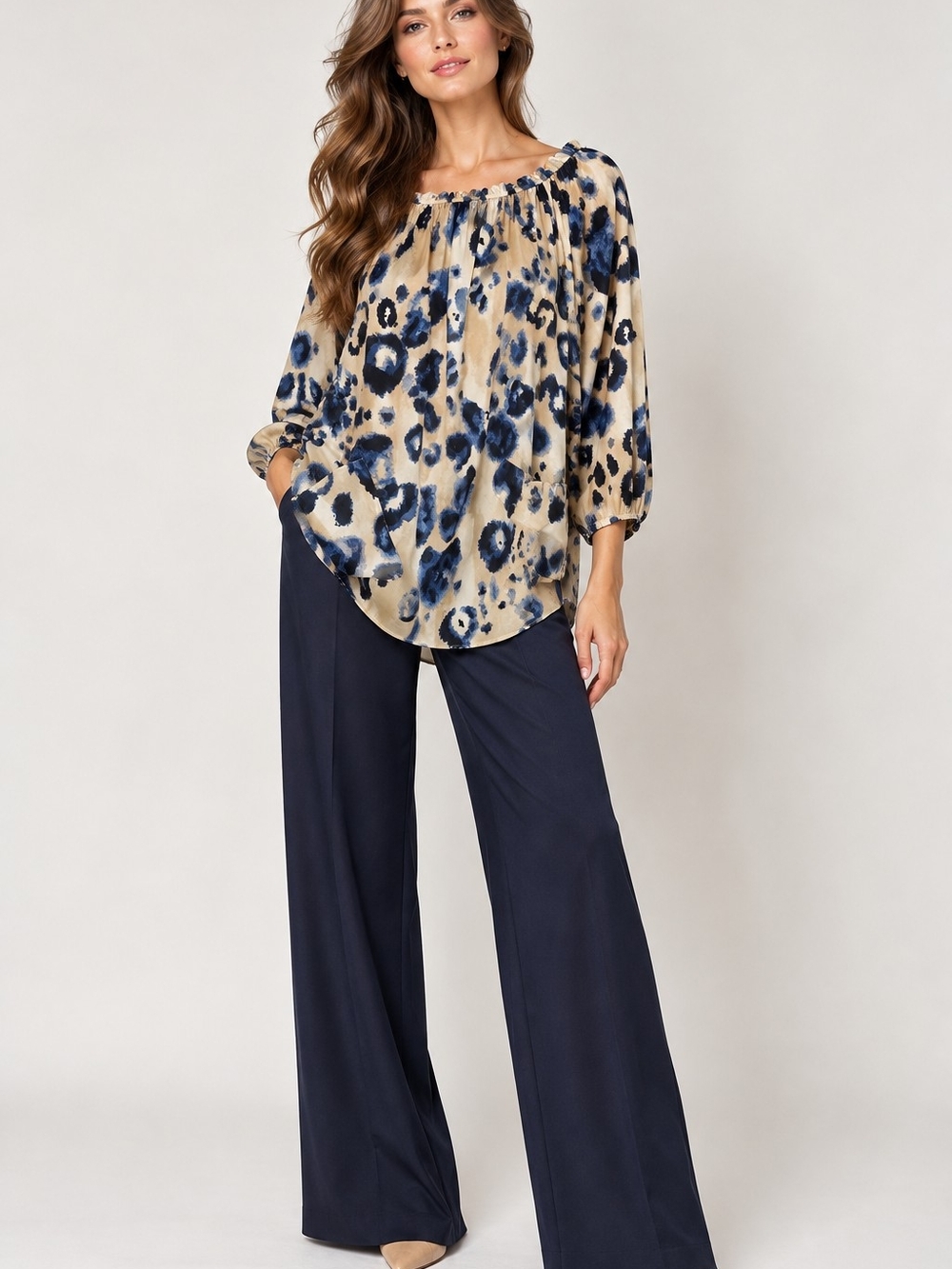 St. John 95% Silk Animal Print Off Shoulder Tunic Blouse Size S